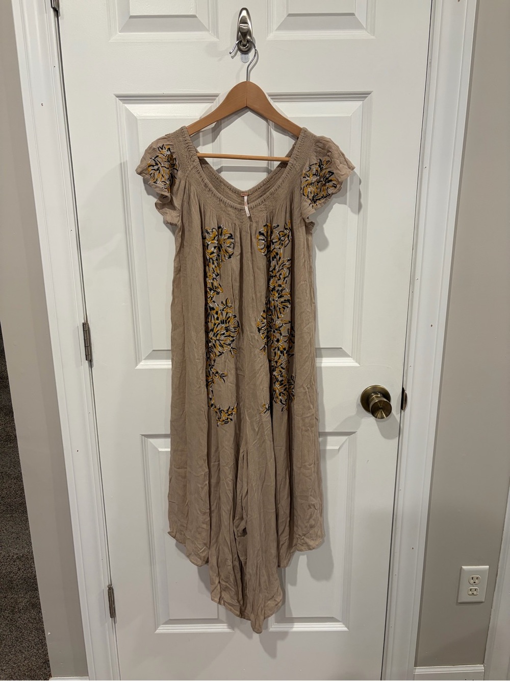 Free People Tan Embroidered Short-Sleeve Romper Jumpsuit